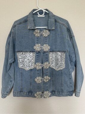 Rare Pearl Sequin Oversized Denim Statement Jacket